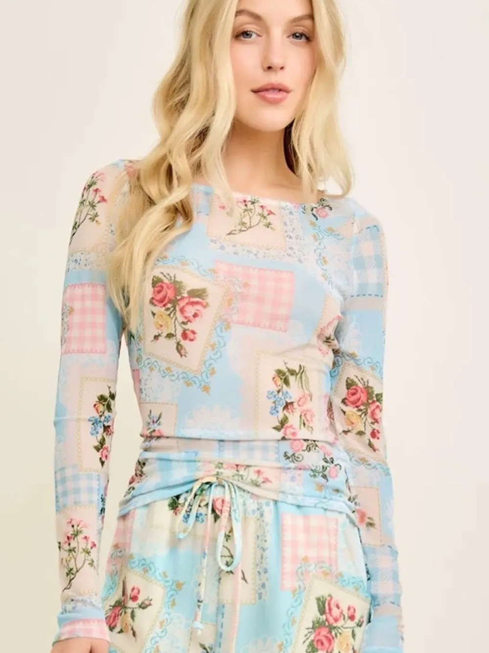 💕Women’s Long Sleeve Mesh Patchwork Print Floral Top - Picture 6 of 6